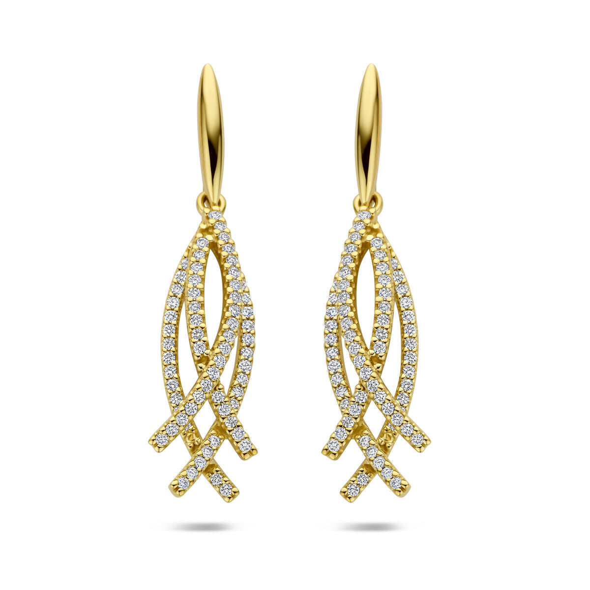 Pendientes largos de oro amarillo de 14k con diamantes brillantes en forma de hojas.