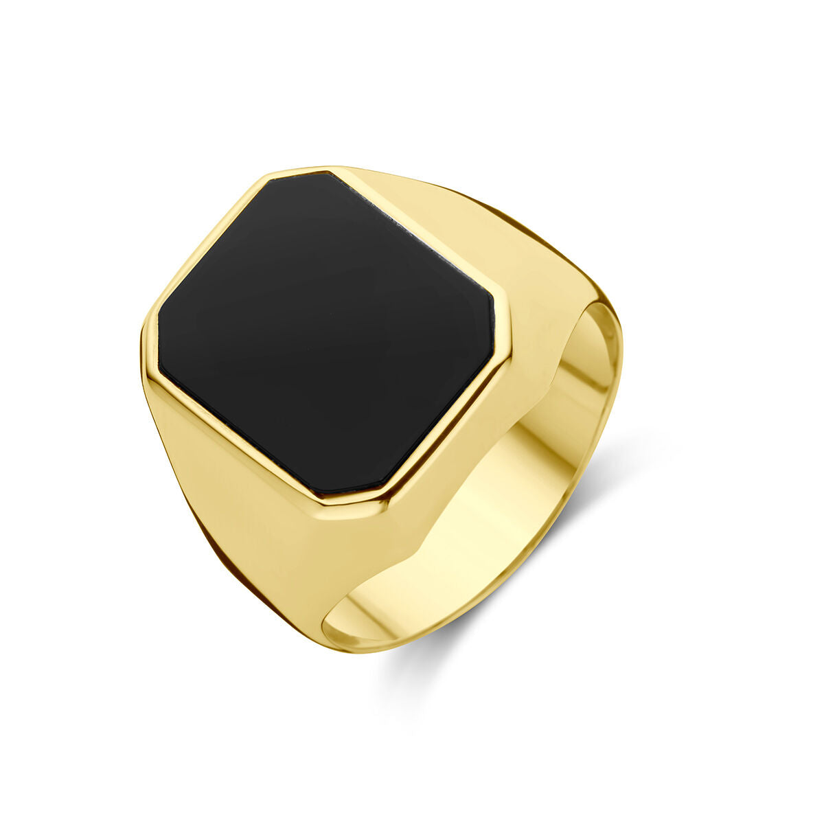 Anillo de sello en oro amarillo de 14K con ónix negro en forma hexagonal.