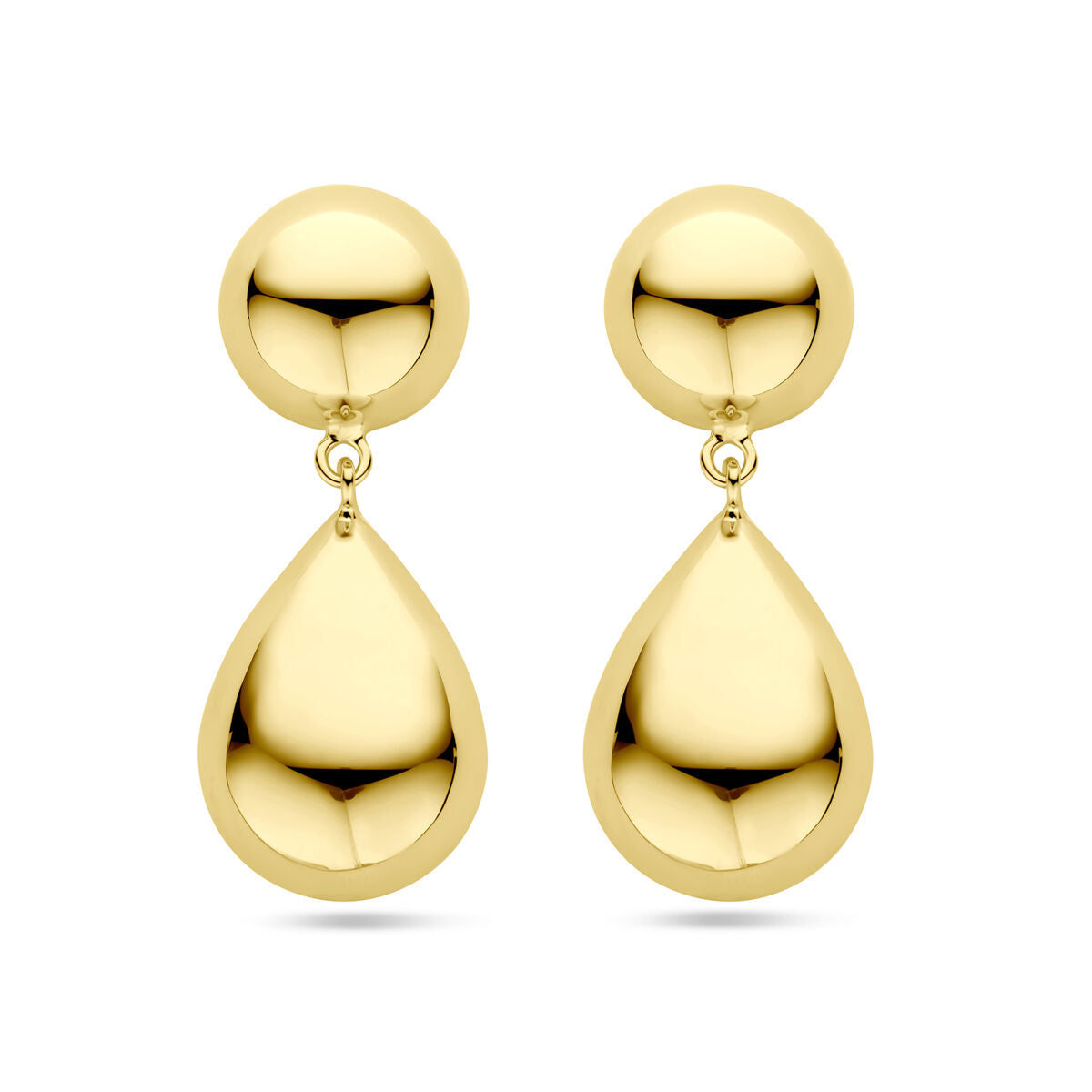 Pendientes largos de forma semiesférica y gota, en plata bañada en oro amarillo de 1 micrón.