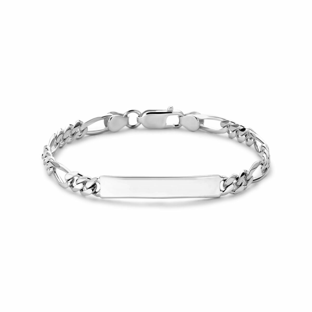 Pulsera de plata blanca tipo figaro con placa para grabar de 6,0 mm.