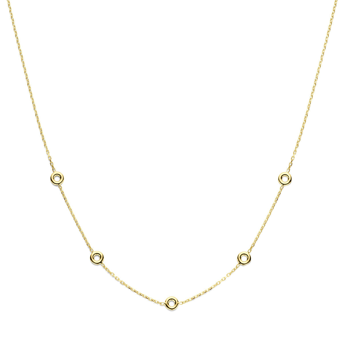Cadena de oro amarillo de 14k para dama con cierre de langosta y detalles circulares.