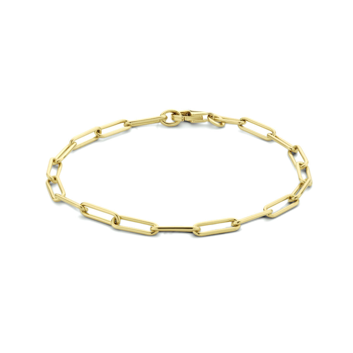 Pulsera dorada de mujer estilo paperclip, redonda y maciza en oro de 14 quilates.