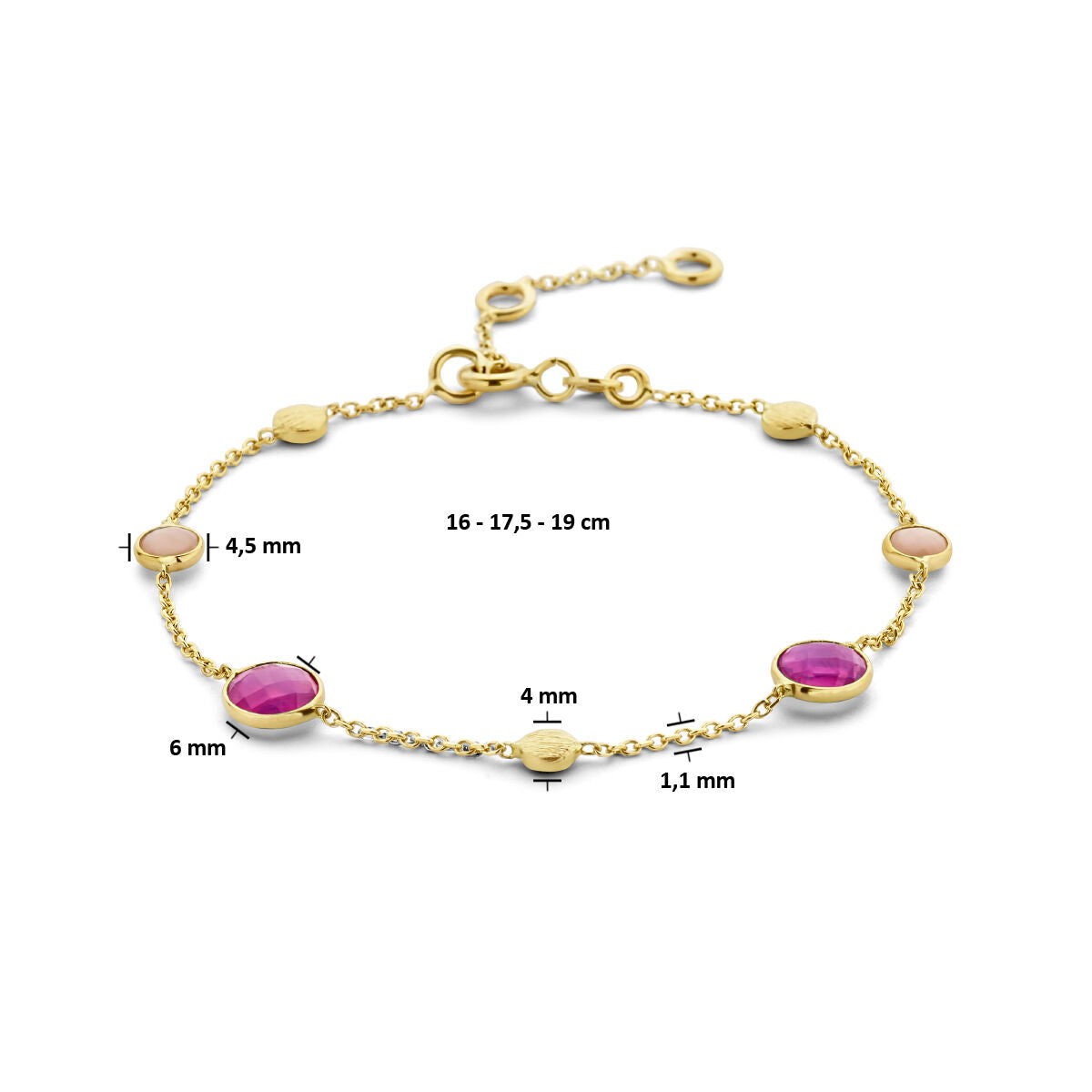 Van der Kooij Collectie Gouden armband dames robijn, opaal en rondjes 14K met verstelbare lengte (16-19 cm), versierd met robijn, roze opaal in ronde zettingen en kleine gouden schijfjes langs de ketting.