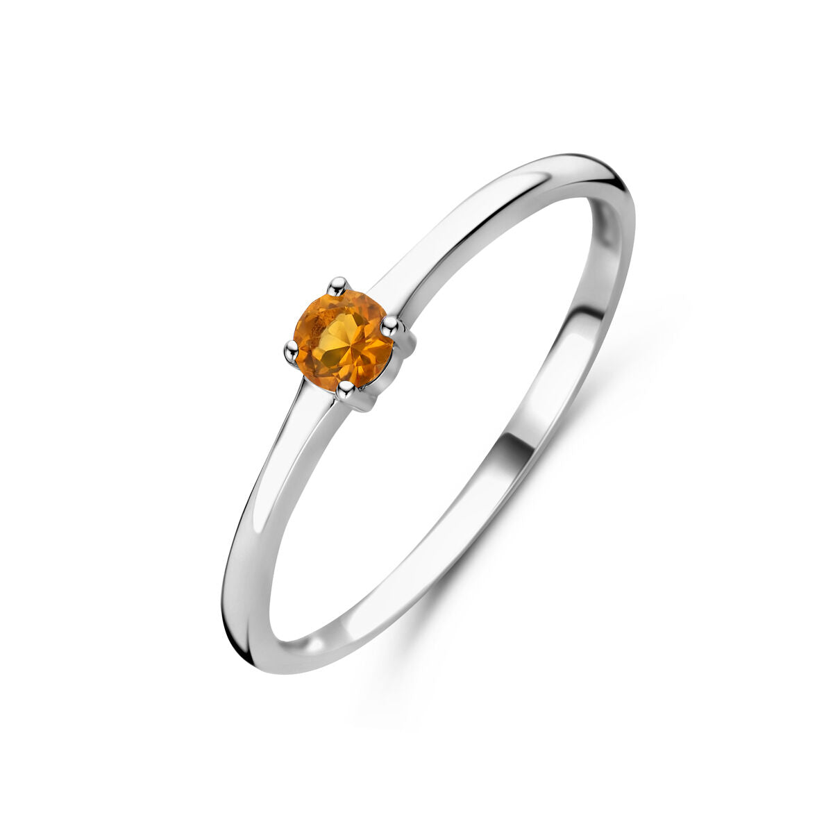 Anillo de plata rodiada con piedra de nacimiento de noviembre, citrino, de forma redonda.
