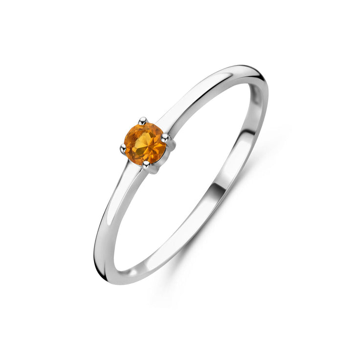 De Van der Kooij Collectie ring met geboortesteen november is een gerhodineerde zilveren band met een ronde oranje citrien in een vierpootssluiting, gepresenteerd op een witte achtergrond.
