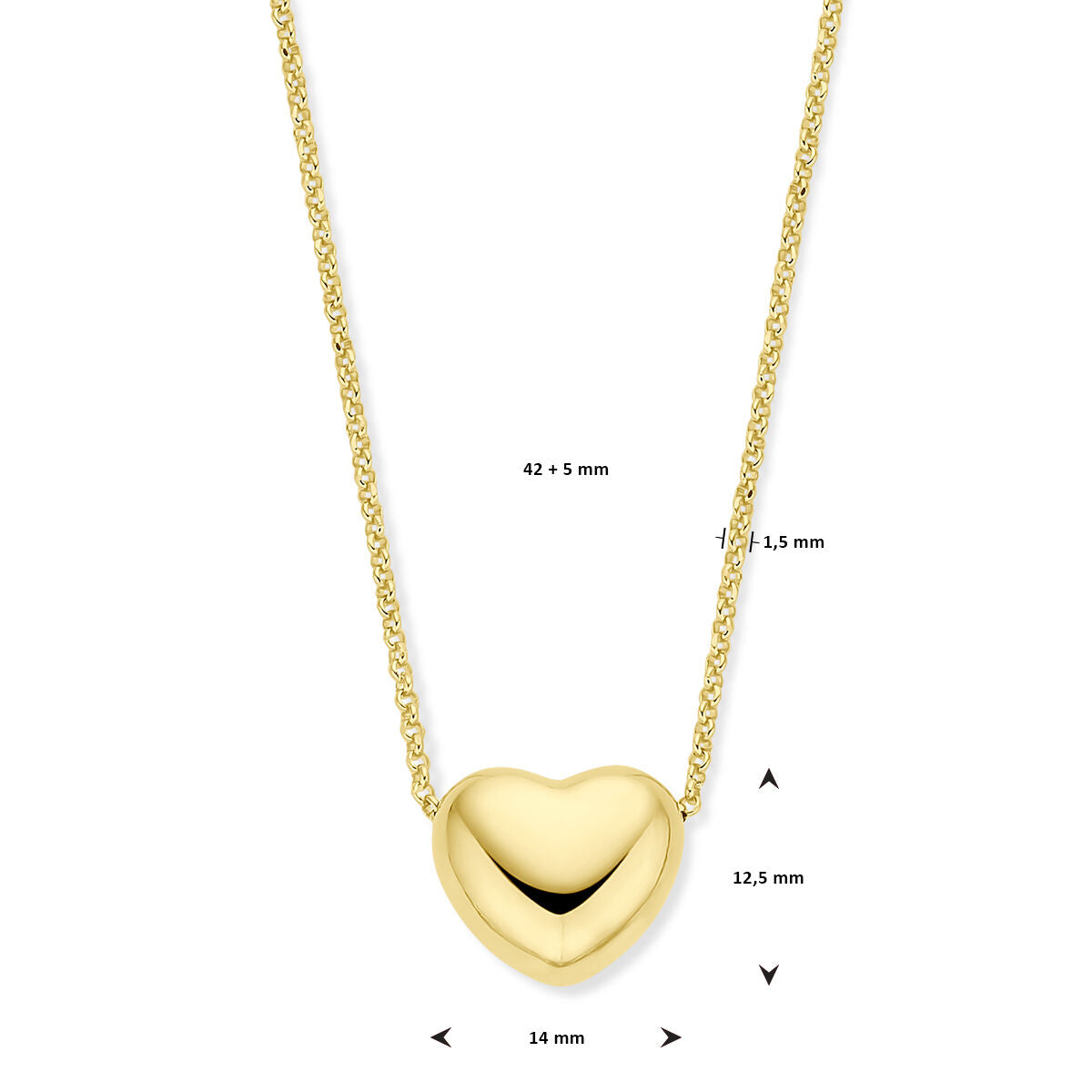 collar corazón 1,5 mm 42 + 5 cm 3 micrones plata chapado en oro amarillo