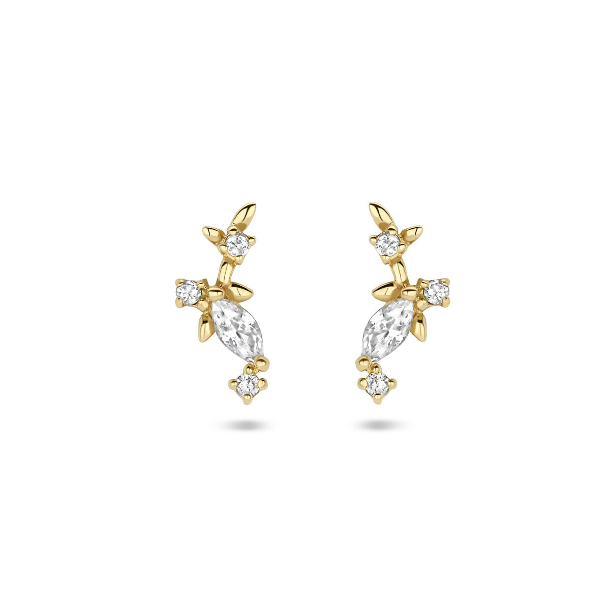 Pendientes de zircón en oro amarillo de 14 quilates con diseño floral.