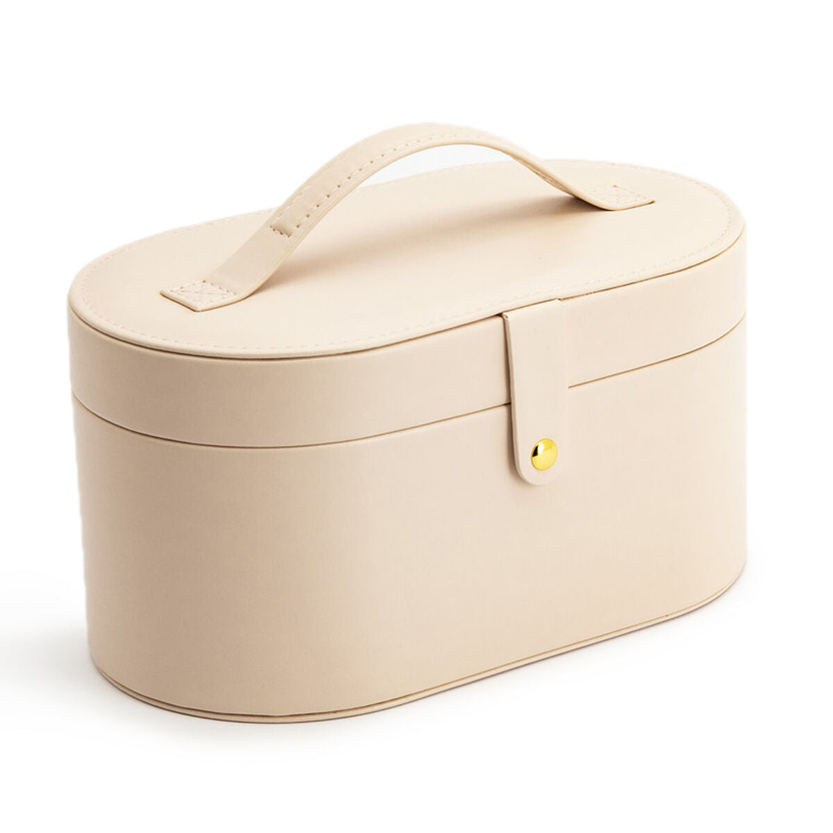 Caja de joyería ovalada en color rosa suave con tapa y asa.