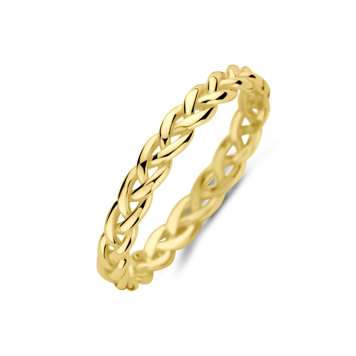 Anillo de eslabones en oro amarillo de 14 quilates con diseño trenzado.
