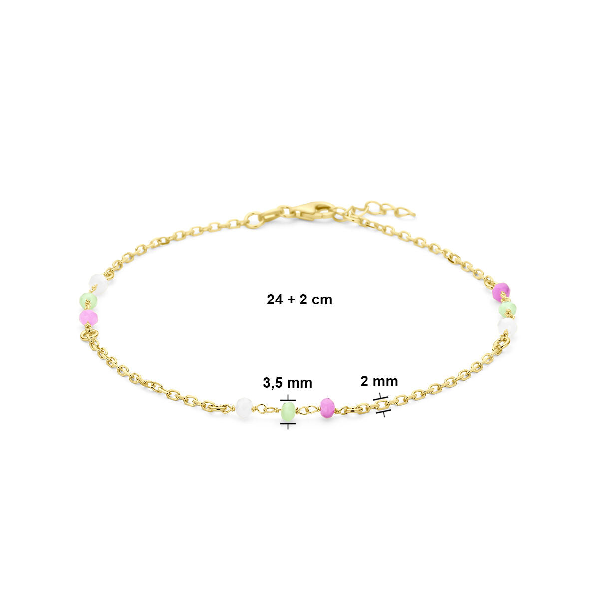 pulsera múltiples colores bolitas de cristal 24 + 2 cm 3 micrones plata chapado en oro amarillo