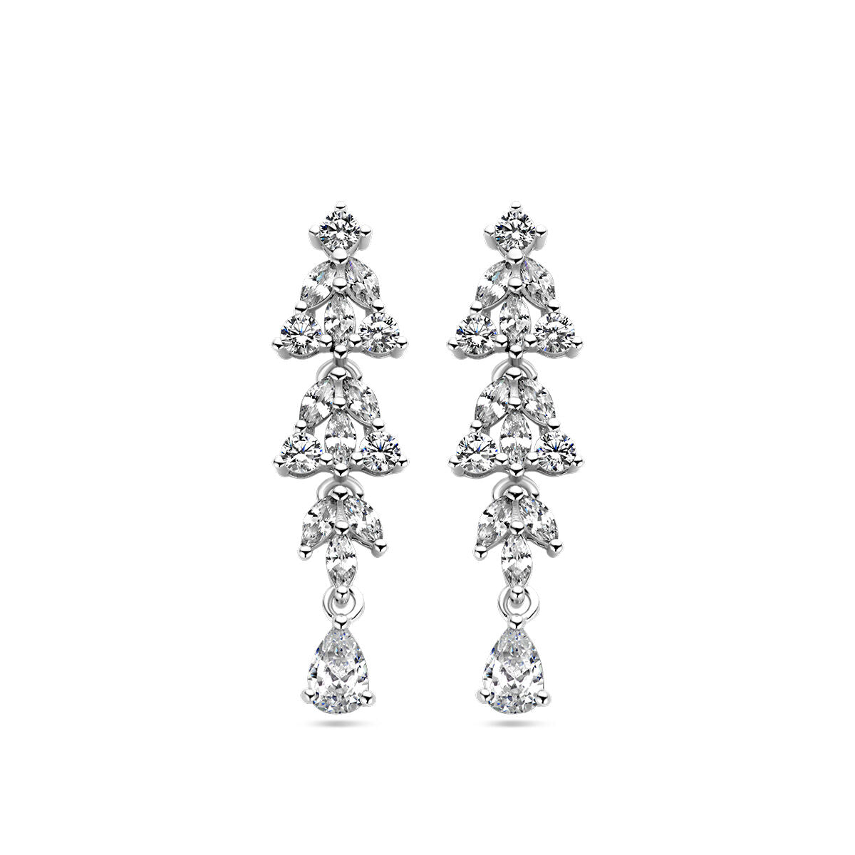 Pendientes largos de zirconia en plata rodiada con forma de triángulos y gotas.