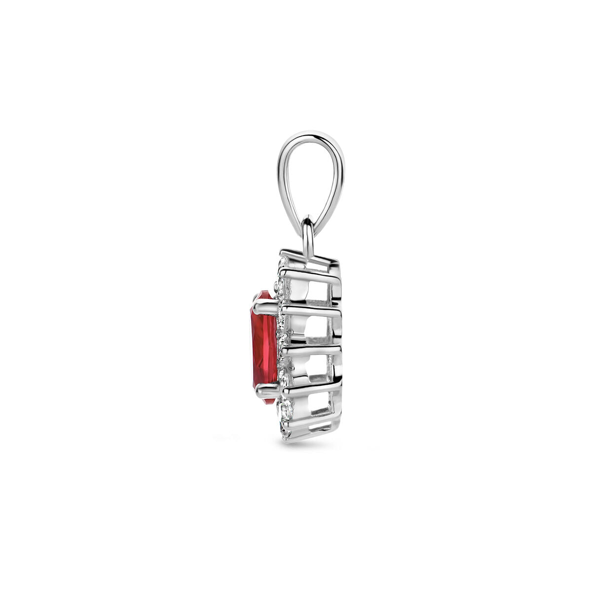 colgante de color corindón y halo de circonitas blancas en plata rodiada