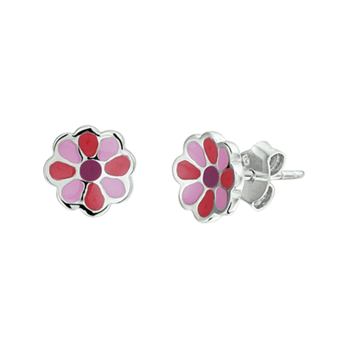 Pendientes de flor de plata rodiada con detalles en tonos rosa y rojo.