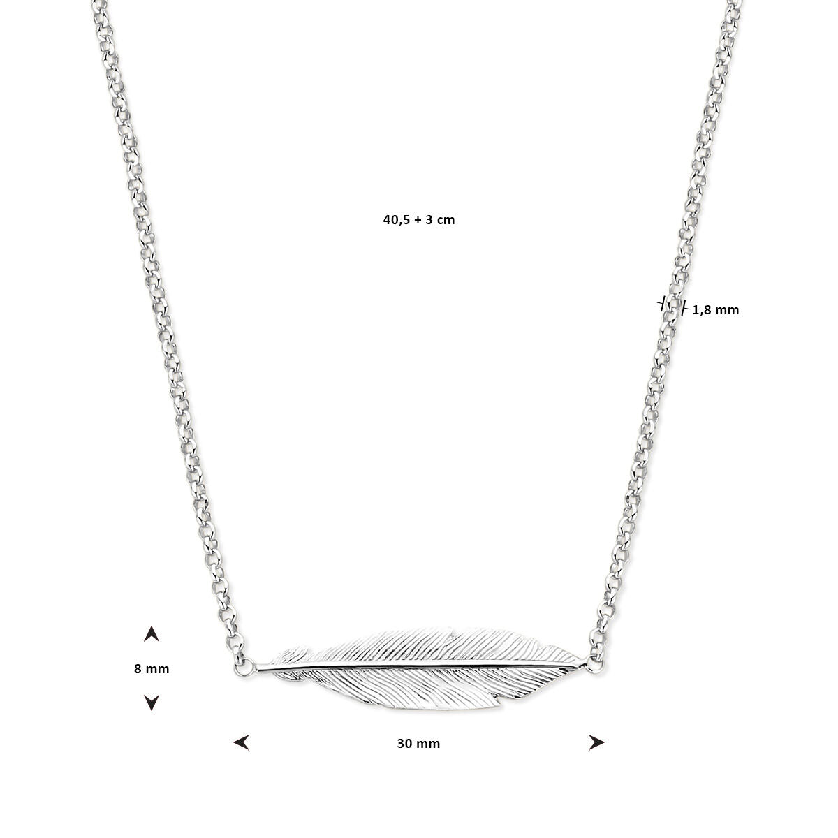 Het collier veer 40,5 + 3 cm zilver gerhodineerd van Van der Kooij Collectie heeft een veren hanger van 30 x 8 x 1,8 mm aan een fijne jasseron schakel. Alle maten zijn duidelijk aangegeven.
