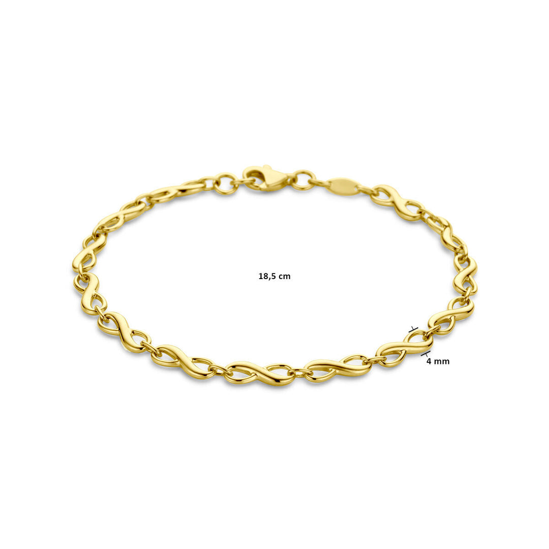 De Gouden armband dames infinity 14K van de Van der Kooij Collectie heeft een infinity schakel met in elkaar grijpende schakels, is 18,5 cm lang en 4 mm breed, en schittert op een witte achtergrond.