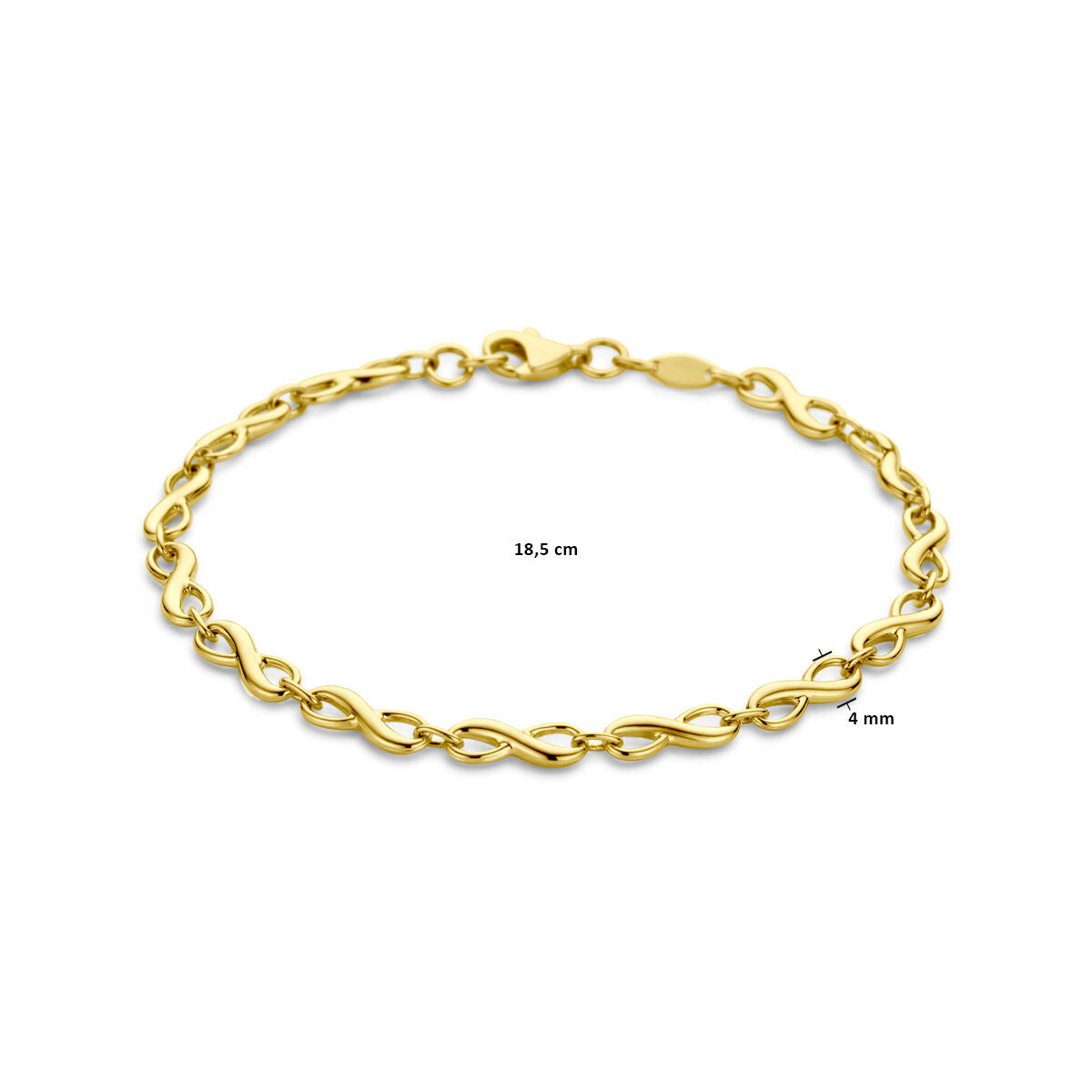 De Gouden armband dames infinity 14K van de Van der Kooij Collectie heeft een infinity schakel met in elkaar grijpende schakels, is 18,5 cm lang en 4 mm breed, en schittert op een witte achtergrond.