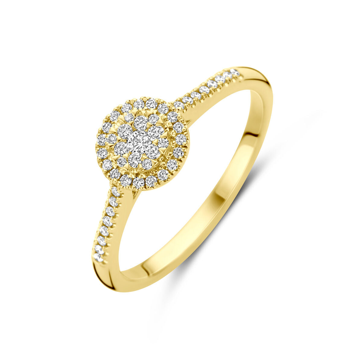 Anillo de oro amarillo de 14K con diamantes, diseño redondo y pavé en la parte superior.