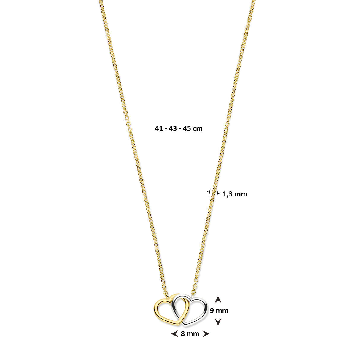 collar de corazones 41 - 43 - 45 cm 14K bicolor oro amarillo/blanco