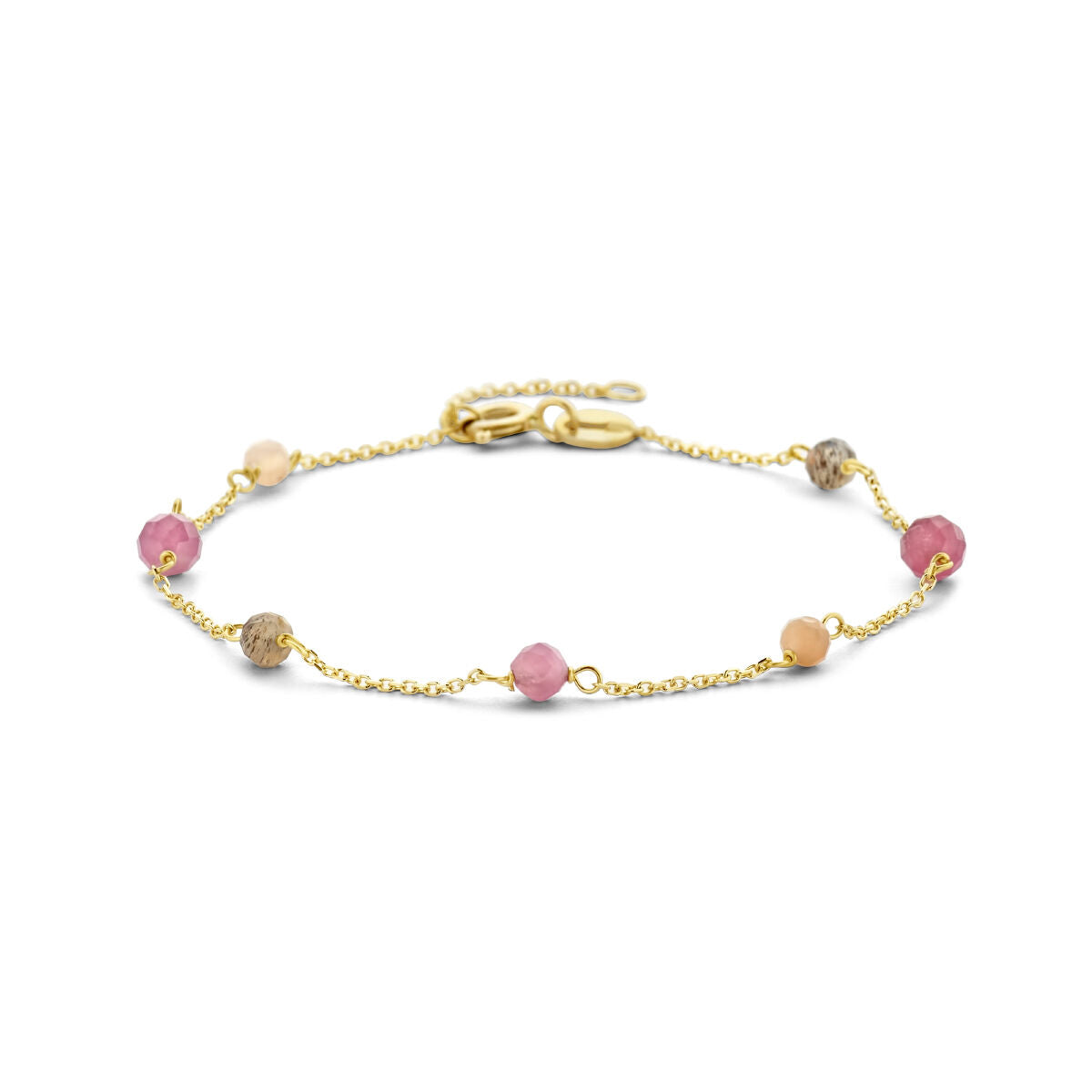Pulsera de toermalina con esferas en tonos rosa y beige, elaborada en oro amarillo de 14K.