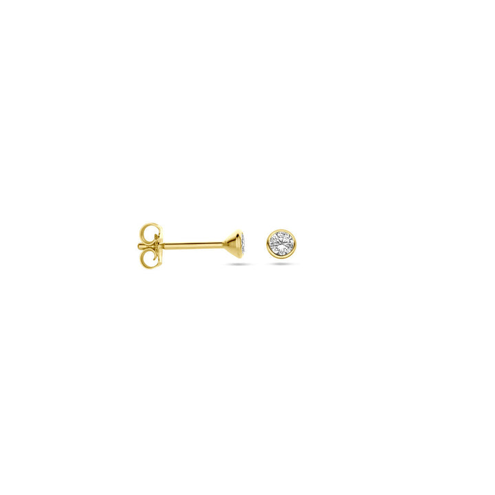 Van der Kooij Collectie oorknoppen zirkonia 14K geelgoud: kleine geelgouden studs met ronde briljant geslepen zirkonia in een rub-over zetting, getoond op een effen witte achtergrond.