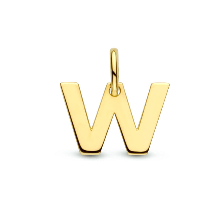 De Van der Kooij Collectie hangerletter 14K geelgoud is een gouden W-vormige hanger met een lus aan de bovenkant voor eenvoudige bevestiging aan een ketting, afgebeeld tegen een witte achtergrond.