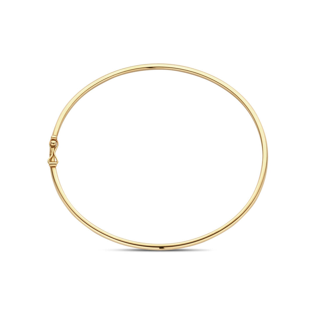 De bangle dop ronde buis 2,4 mm 60 x 52 mm in 14K geelgoud van Van der Kooij Collectie is een minimalistische sieraad, elegant van ontwerp en prachtig gepresenteerd tegen een witte achtergrond.