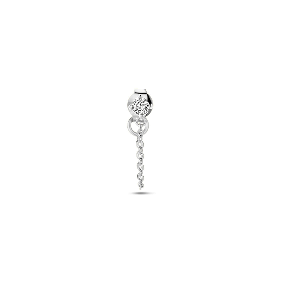 Pendiente de botón de plata rodiada con zirconia y cadena delicada.