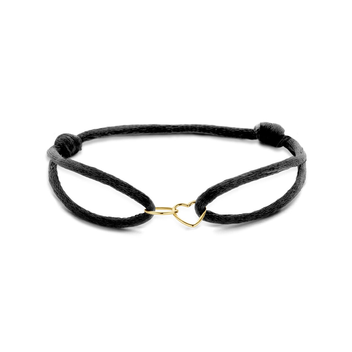 Pulsera de satén negra con corazón y círculo en oro de 14K, con detalles de goma y nylon.