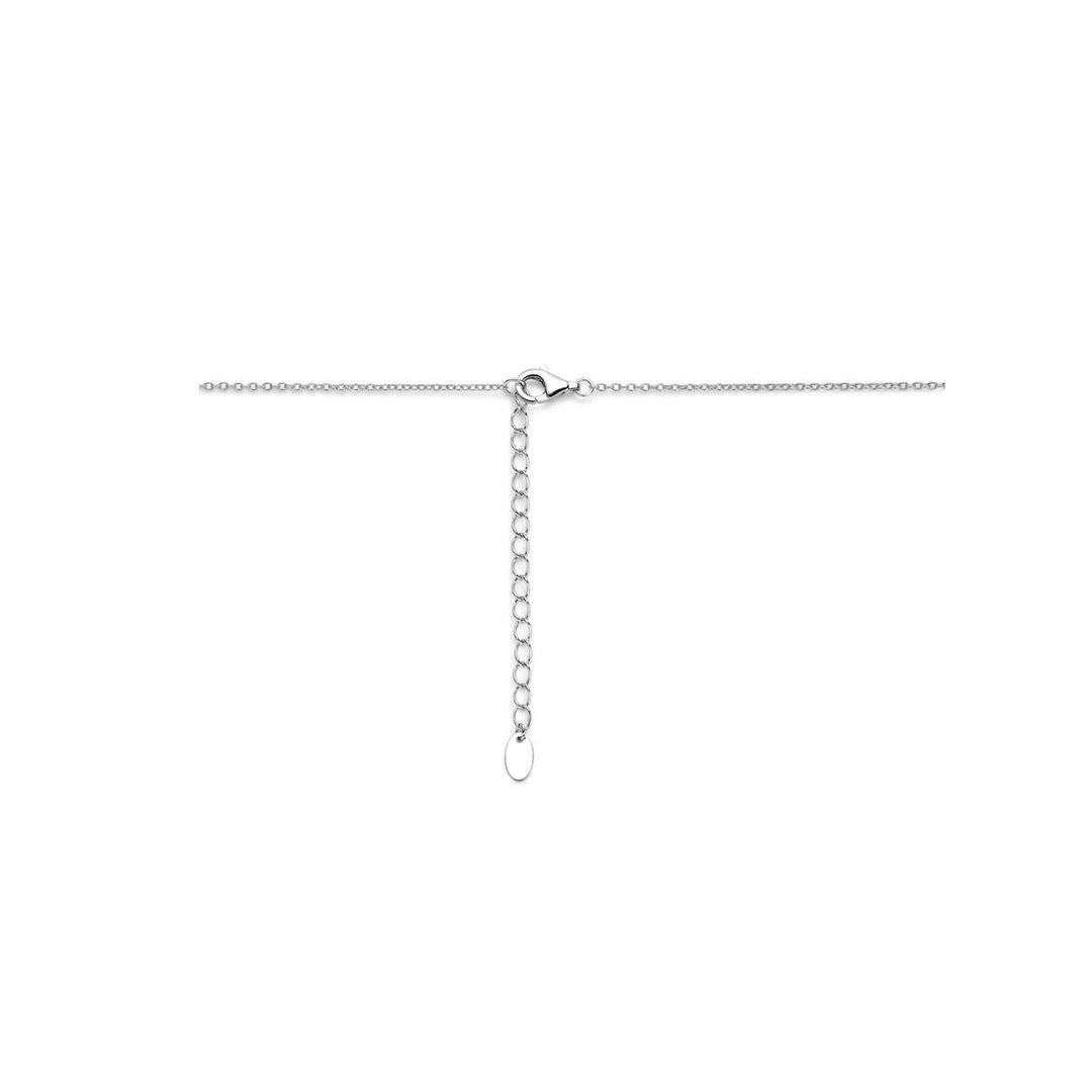 De Van der Kooij Collectie y-collier 40 + 5 cm zilver gerhodineerd is een minimalistische zilveren ketting met een karabijnsluiting en verstelbare extender, weergegeven tegen een witte achtergrond.