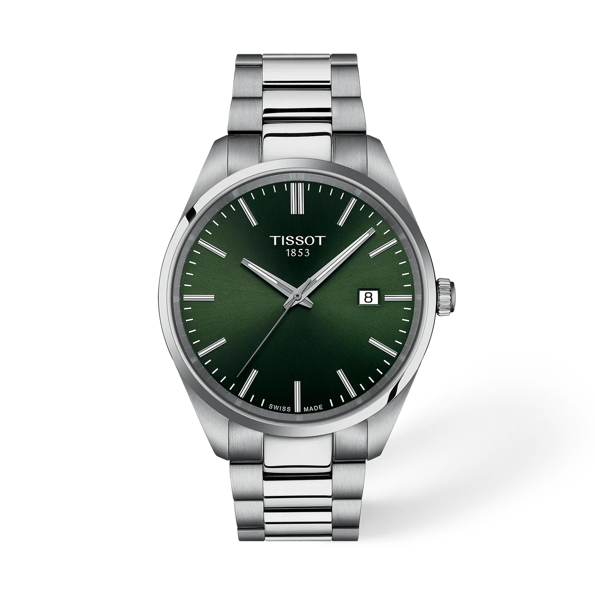 Reloj Tissot PR 100 de 40 mm con esfera verde, caja y correa de acero inoxidable.