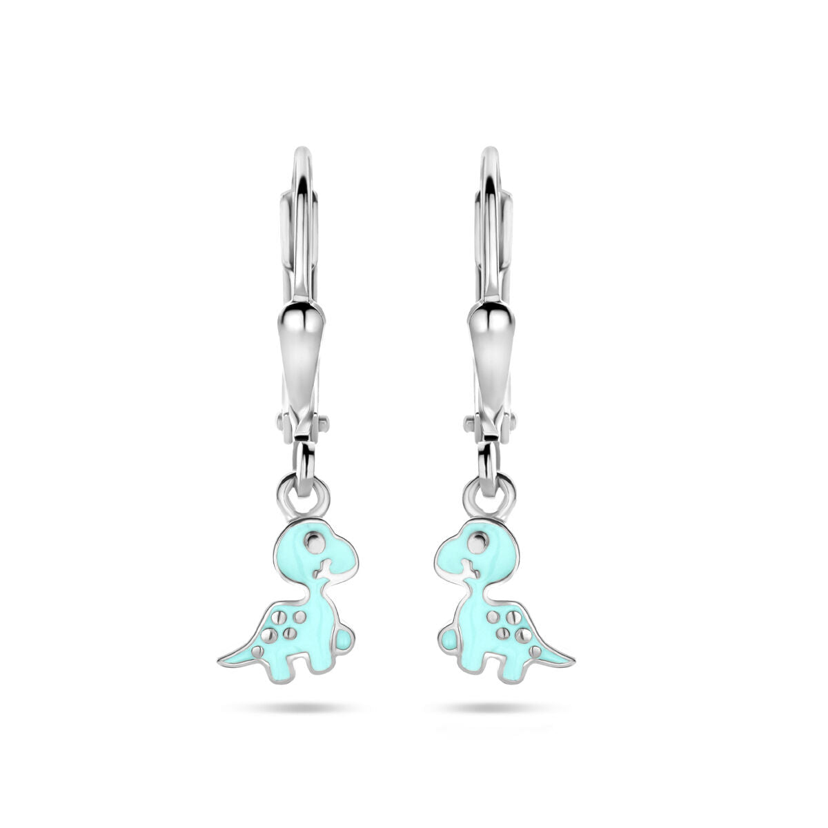Pendientes largos de dinosaurio en plata rodiada, con detalles en color azul.