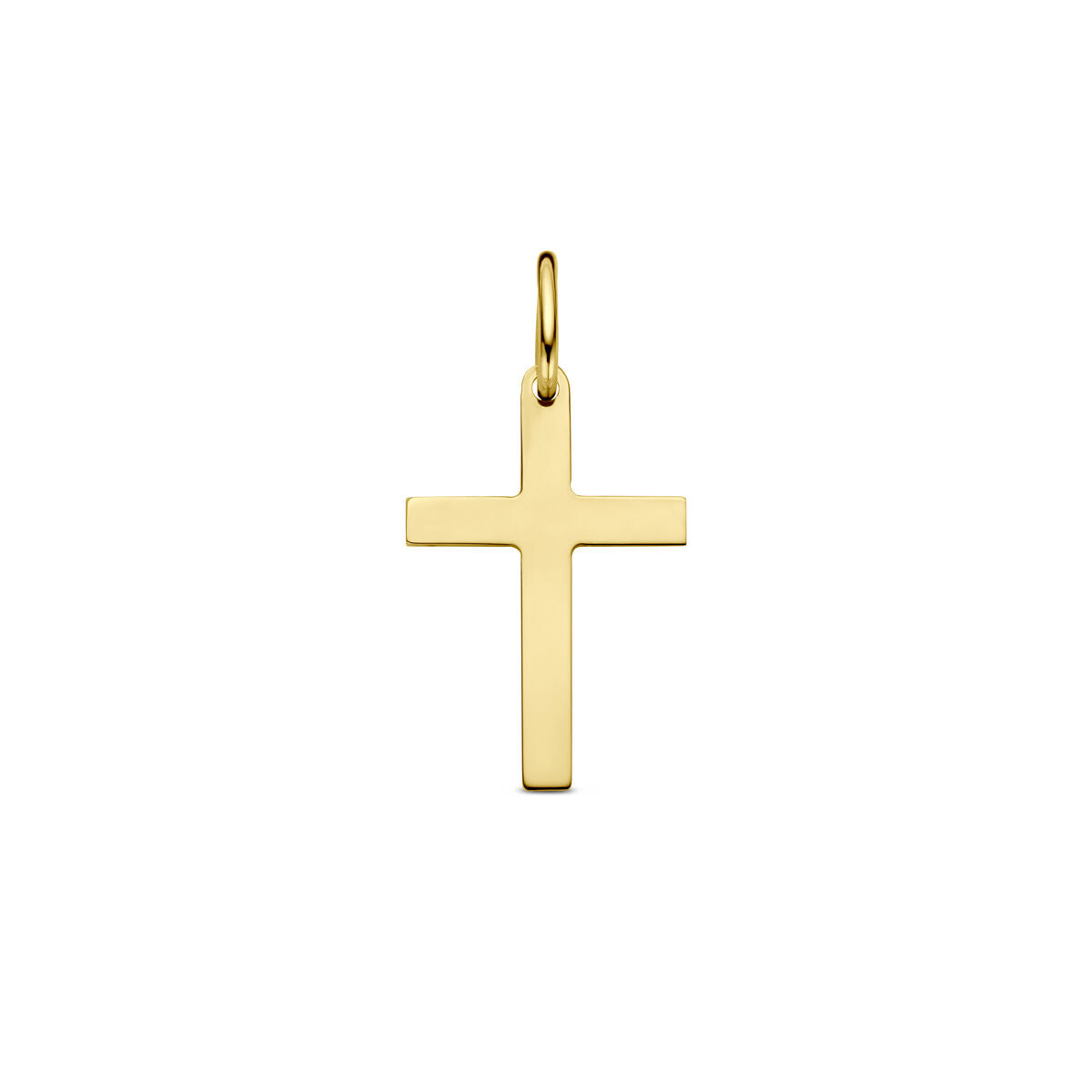 Colgante de cruz en oro amarillo de 14 quilates, con acabado pulido y diseño sencillo.