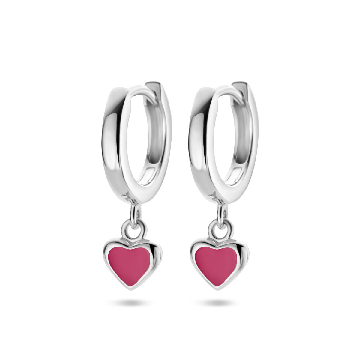 Aros de corazón en plata rodiada con colgante en forma de corazón rosa.
