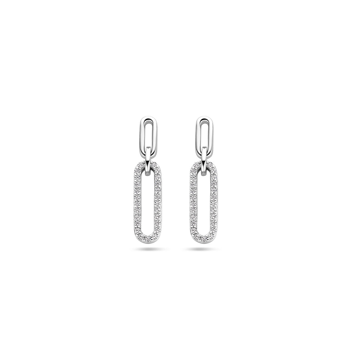 Pendientes largos de plata rhodium con zirconias brillantes en forma ovalada.