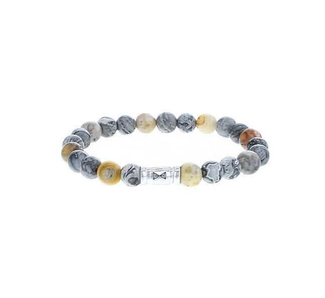 Pulsera de cuentas de mármol con perlas de 8 mm en tonos grises, amarillos y un detalle transparente.