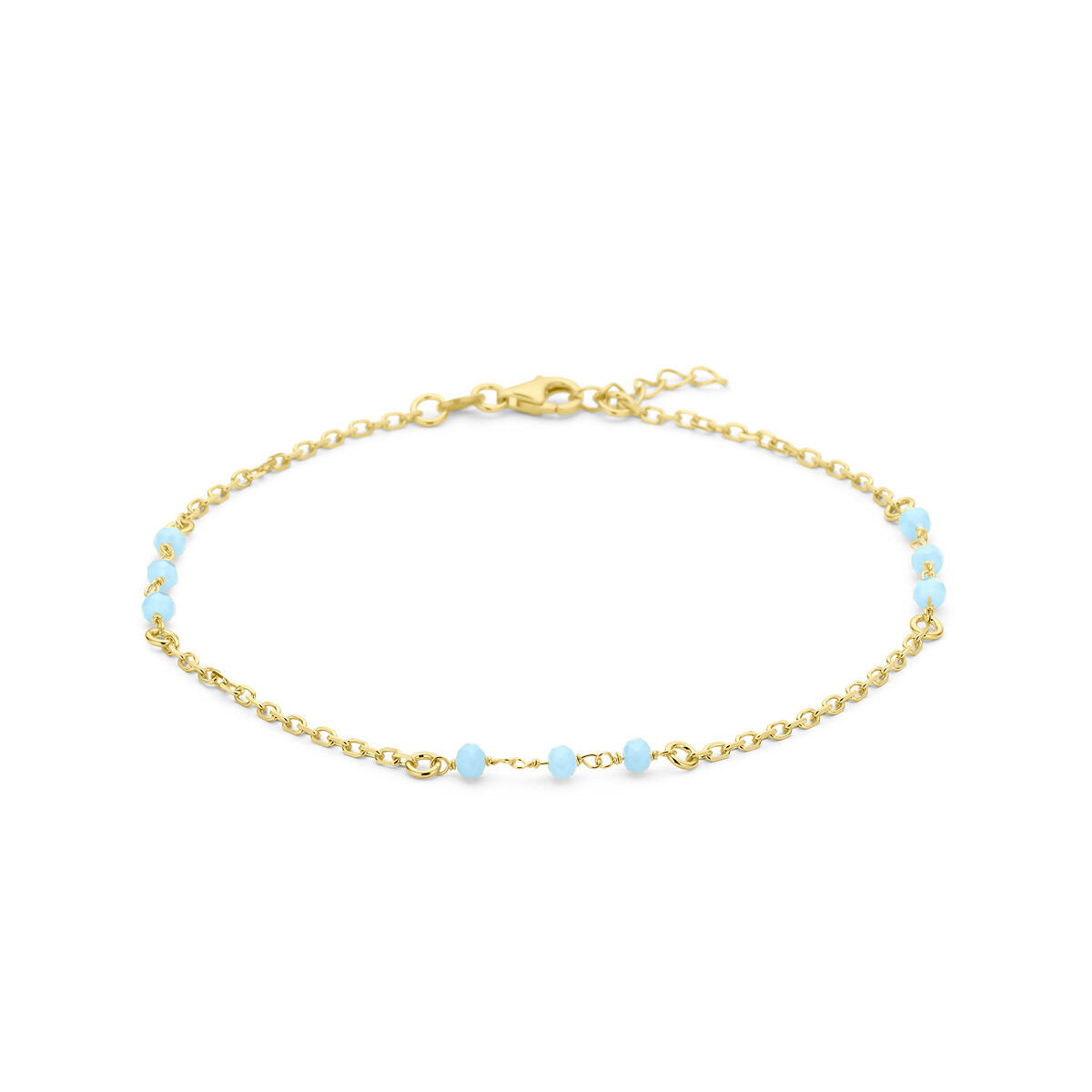 Pulsera de eslabones dorada con bolitas de cristal azul, ajustable de 24 a 26 cm.