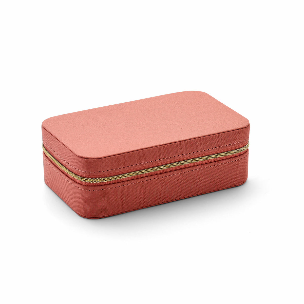 Caja de joyas de terciopelo suave en color durazno, rectangular con cierre dorado.