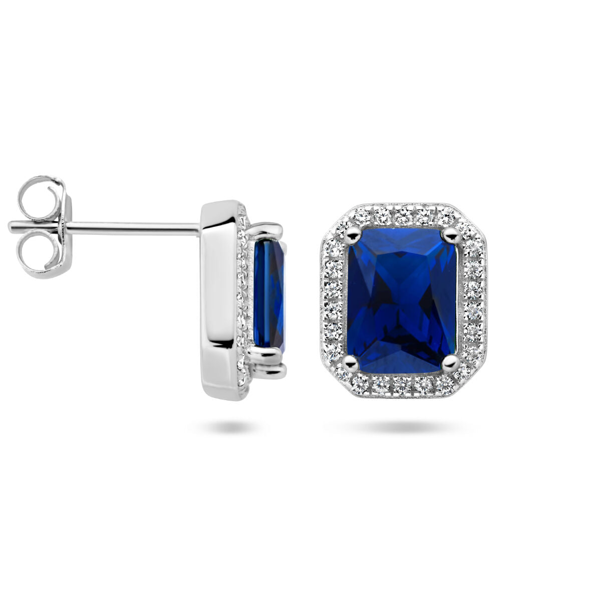 pendientes de botón azul y blanco circonita halo plata rodiada