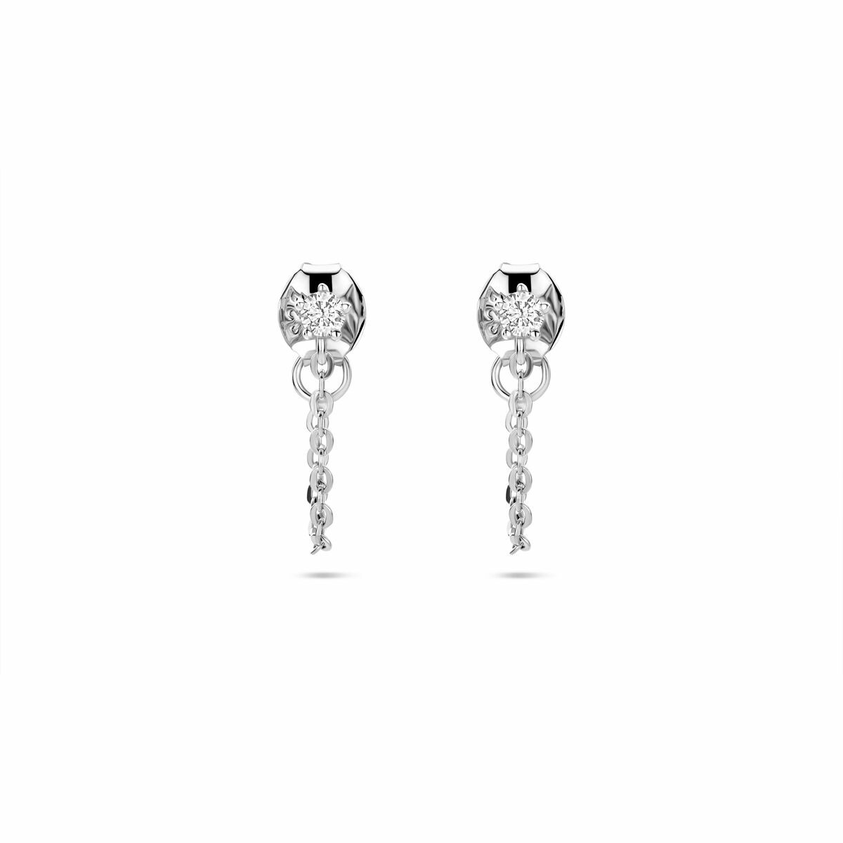 Pendientes largos de plata con circonitas, acabado en rodio, diseño con cadena.