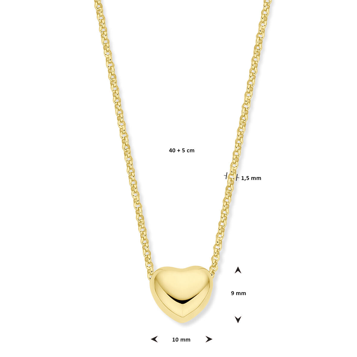 collar corazón 1,5 mm 40 + 5 cm 3 micrones plata chapado en oro amarillo