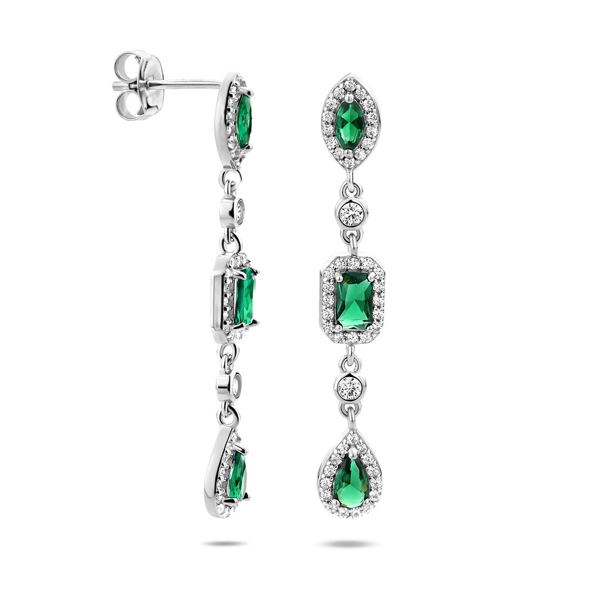 pendientes de zirconia blanca y verde en plata rodiada