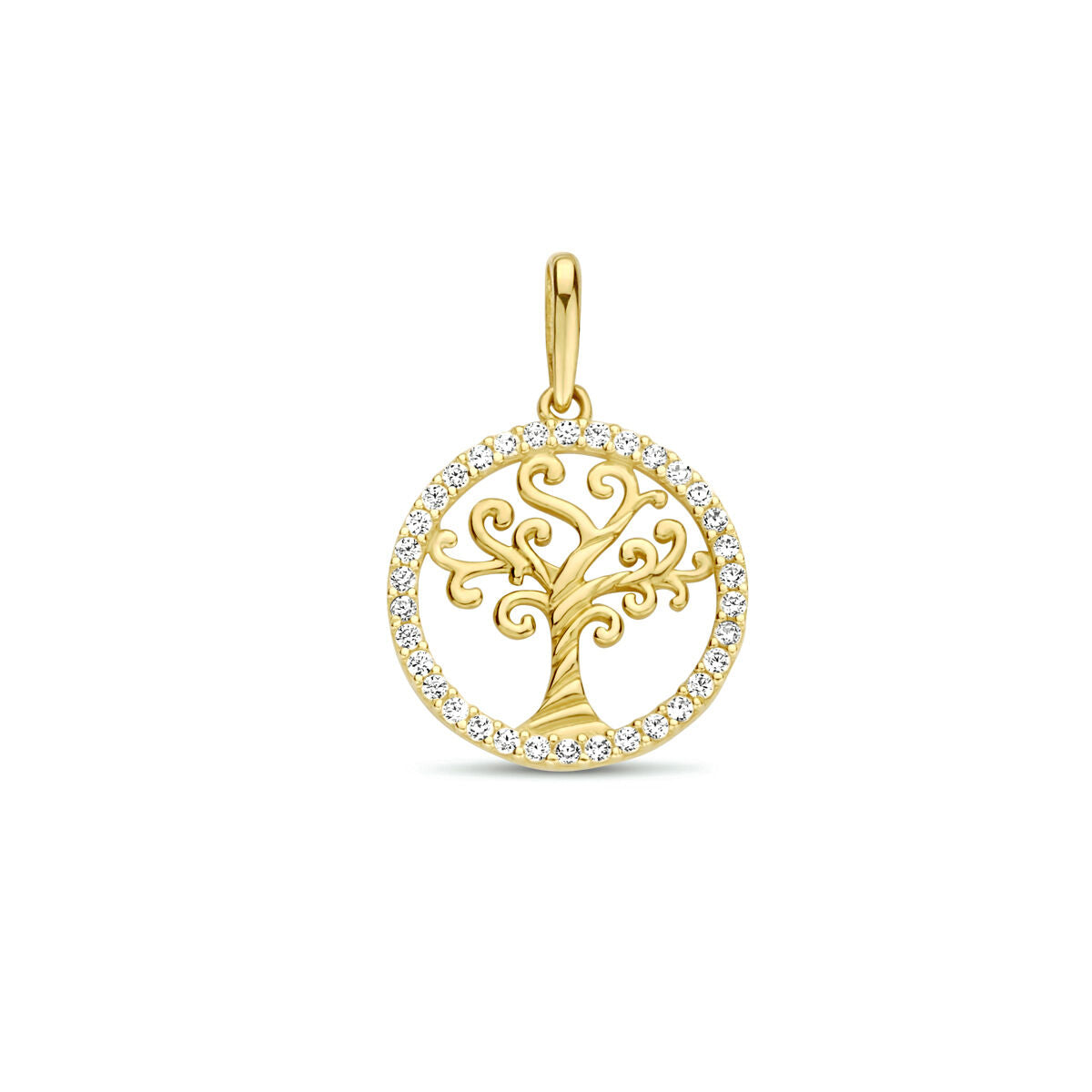 Colgante de árbol de la vida en oro amarillo de 14K con circonitas brillantes.