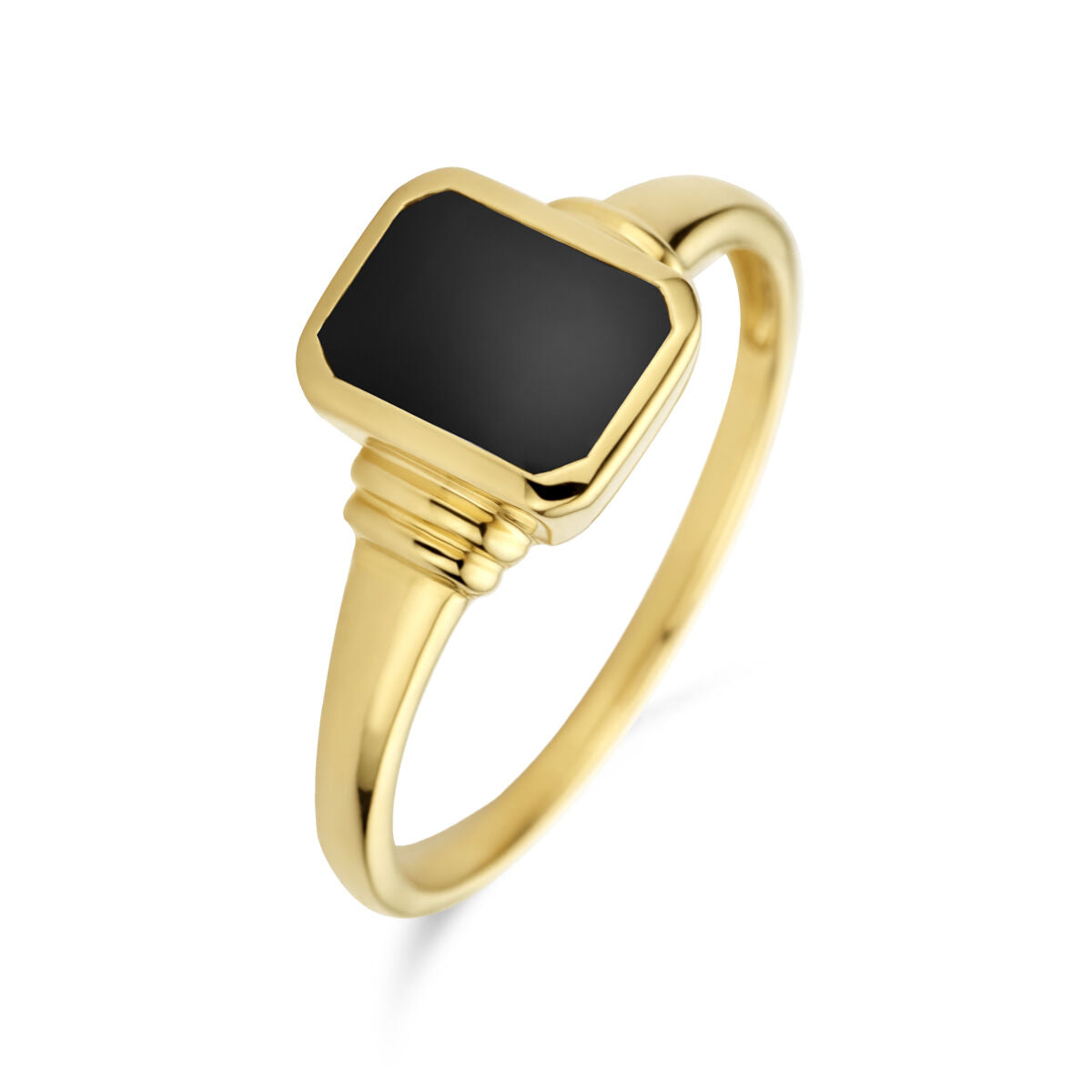 Anillo de ónice en oro amarillo de 14 quilates con forma rectangular y acabado pulido.