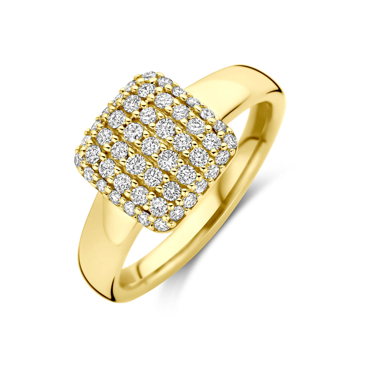 Anillo de dama en oro amarillo de 14k con diamantes lab-grown de 0.50 ct en forma cuadrada.