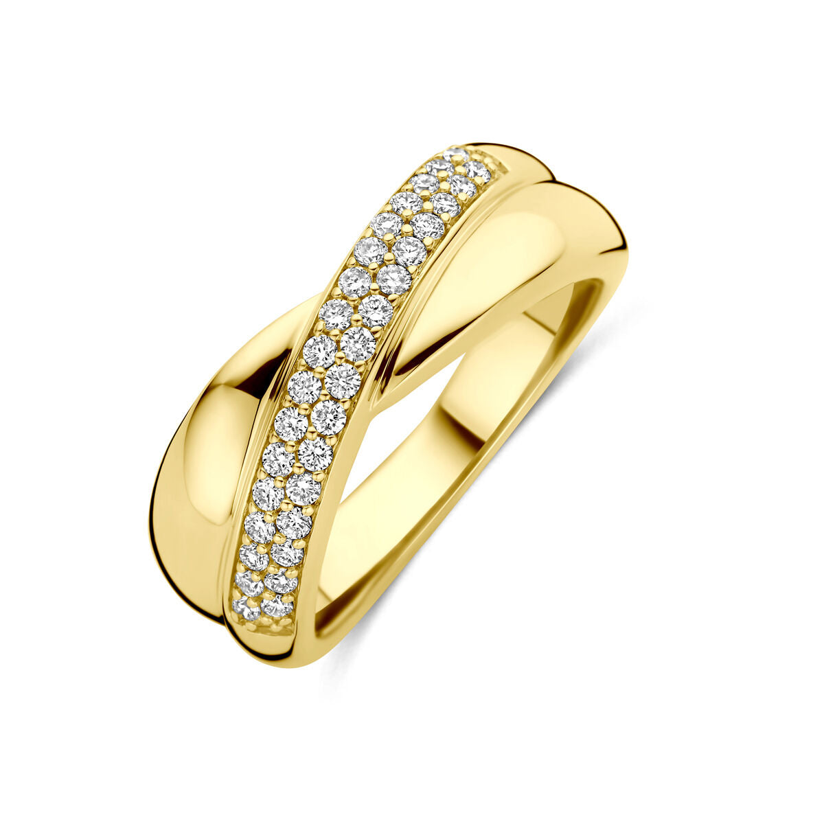 Anillo de oro amarillo de 14k con diamantes lab-grown de 0.30ct en un diseño entrelazado.