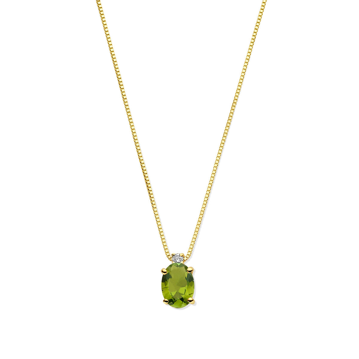 Collar de toermalina verde con diamante, cadena de oro amarillo de 14K y cierre ajustable.