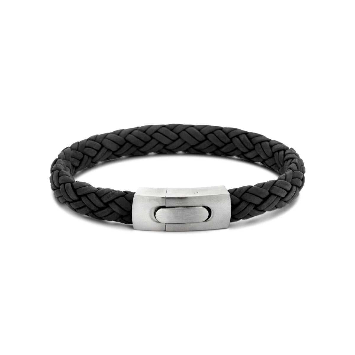 Pulsera de cuero trenzado negro de 10 mm con cierre de acero inoxidable.