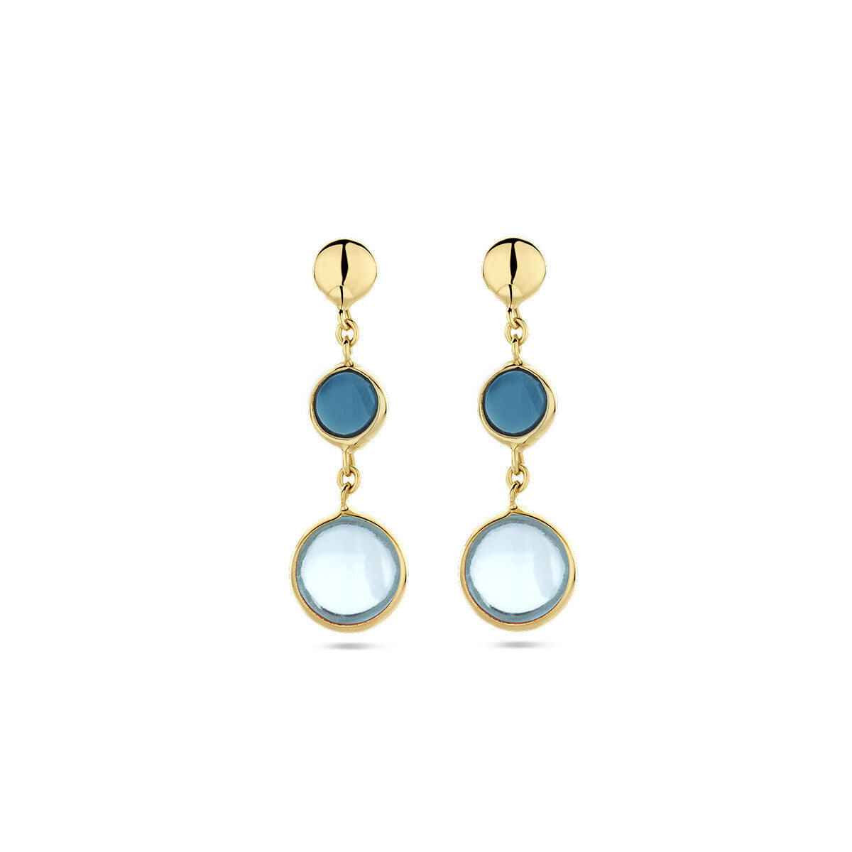 Pendientes largos de topacio azul y topacio London blue en oro amarillo de 14K.