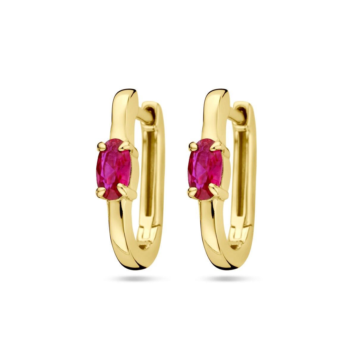 Pendientes de aro dorados con circonitas rojas.