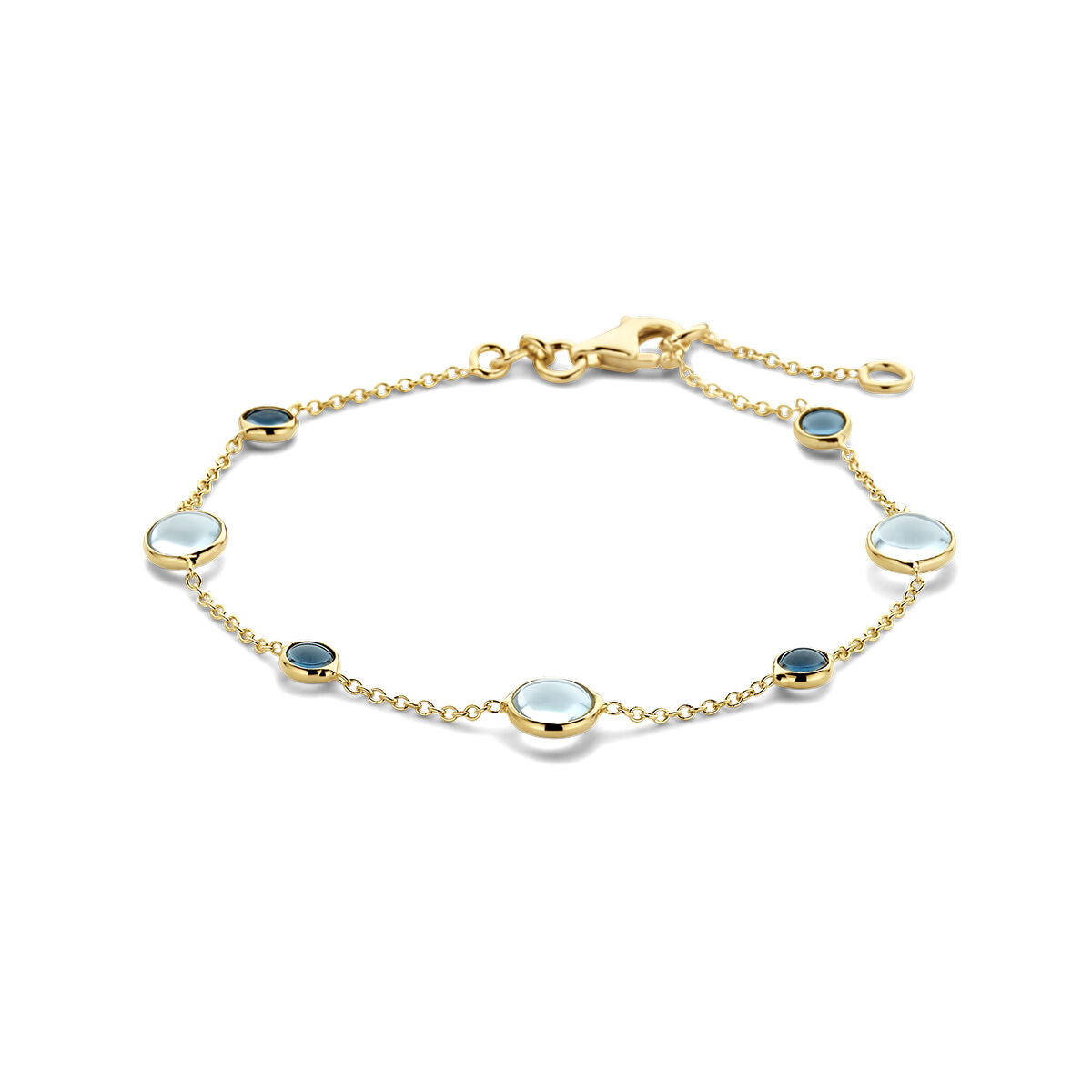 Pulsera dorada de 14K con topacios azules y london blue, con eslabones delicados.